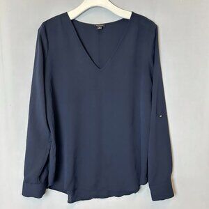 Ann Taylor Roll Tab Long Sleeve V-Neck Blouse Women's Size Medium Navy